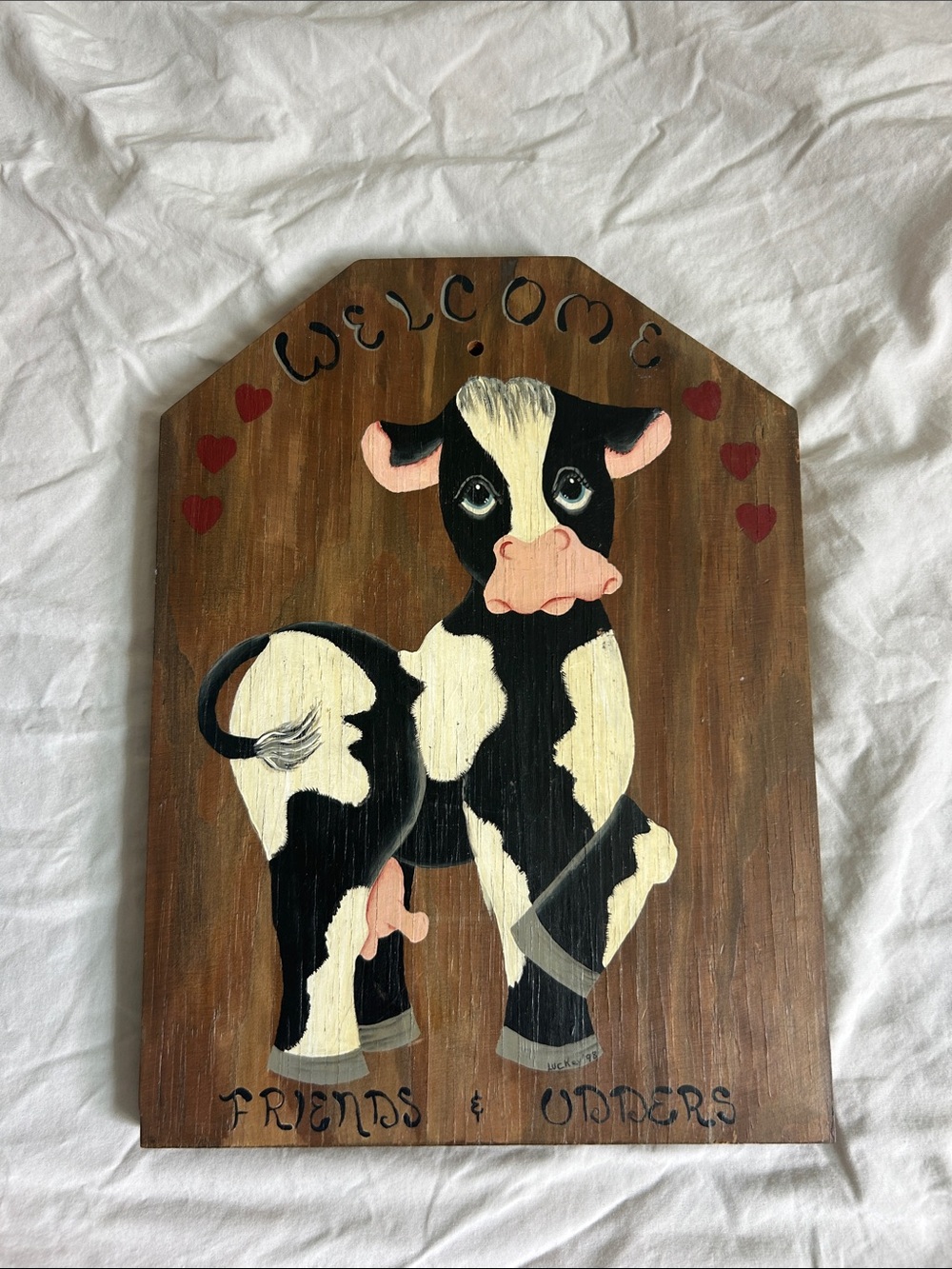 Vintage 90s wood cow painting